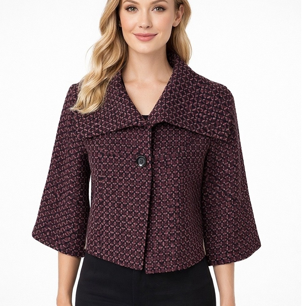 Axcess‎ Wool Blend Cropped Textured Jacket Blazer Large Burgundy Black